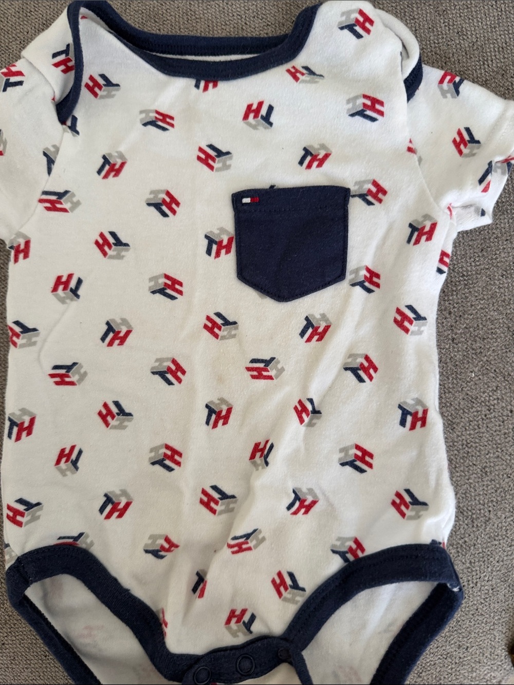 Tommy Hilfiger White One-Piece Bodysuit with Navy Trim and Red Logo Accents